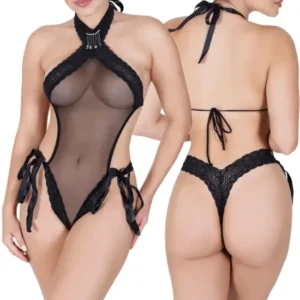 Body Preto em Tule Transparente com Strass Sensualle
